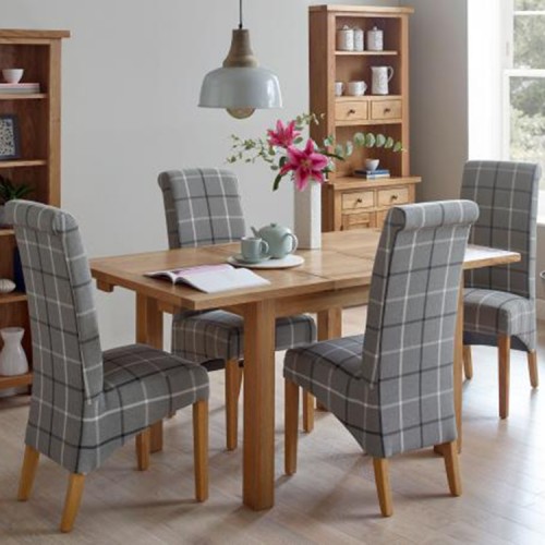 Vancouver Compact Oak Furniture Extending Dining Table with 4 Grey Tartan Fabric Dining Chairs Set