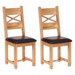 Pair Of Vancouver Petite Solid Oak Cross Back Dining Chair with Chocolate Leather Seat
