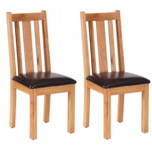 Pair of Vancouver Petite Solid Oak Vertical Slats Dining Chair with Chocolate Leather Seat
