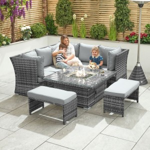 Nova Garden Furniture Cambridge Grey Weave Compact Reclining Corner Dining Set with Rising Firepit