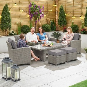 Nova Garden Furniture Ciara White Wash Rattan 3 Seater Sofa Dining Set with Rising Table