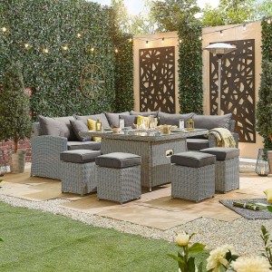 Nova Garden Furniture Deluxe Ciara White Wash Rattan Corner Dining Set with Fire Pit Table  