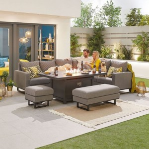 Nova Outdoor Fabric Light Grey Eclipse Corner Dining Set with Firepit Table and Stool and Bench