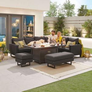 Nova Outdoor Fabric Dark Grey Eclipse Corner Dining Set with Firepit Table and Stool and Bench