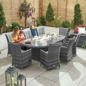 Nova Garden Furniture Sienna Grey 8 Seat 2m x 1.2m Oval Dining Set With Fire Pit