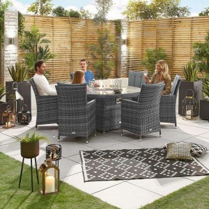 Nova Garden Furniture Sienna Grey 6 Seat 1.5m Round Dining Set With Fire Pit