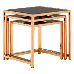 Ackley Set Of 3 Gold Metal and Black Glass Square Side Tables