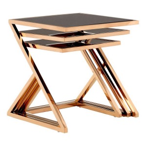 Ackley Set Of 3 Rose Gold Finish Metal and Black Glass Nesting Tables
