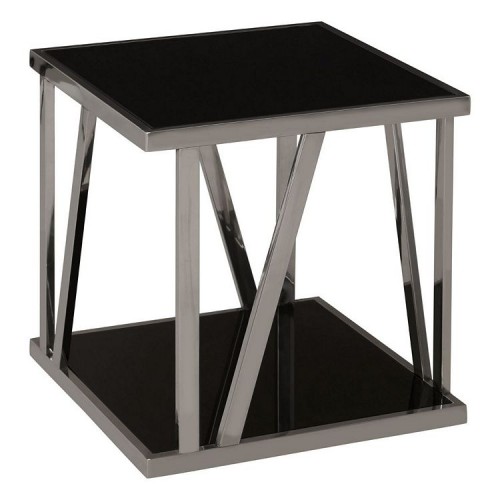 Ackley Square Metal and Black Glass Side Table With Bottom Shelf