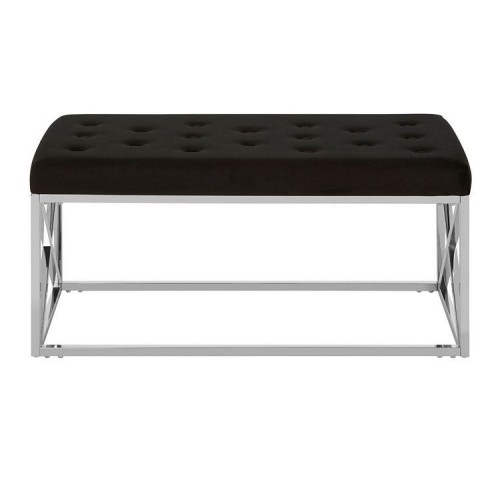 Allure Black Velvet Tufted Seat and Silver Finish Bench