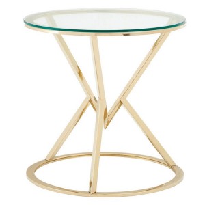 Allure Corseted Round Champagne Gold and Glass End Table
