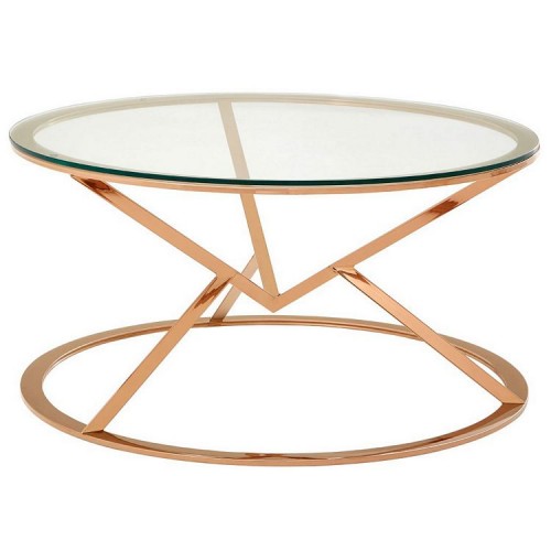 Allure Corseted Round Rose Gold and Clear Glass Coffee Table