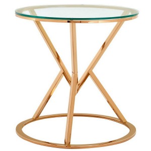 Allure Corseted Round Rose Gold and Clear Glass End Table