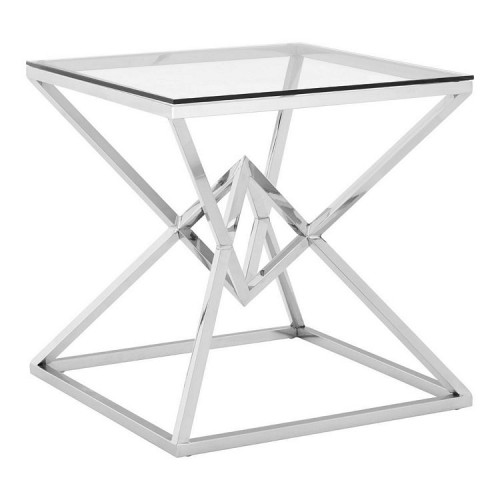 Allure Corseted Square Silver Stainless Steel and Clear Glass End Table