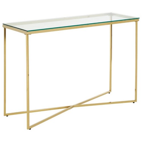 Allure Gold Chromed Metal Cross Base and Clear Glass Console Table