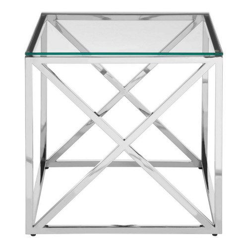 Allure Silver Metal and Clear Glass End Table With Cross Base