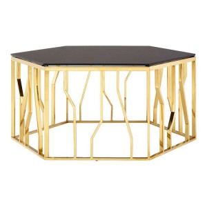 Alvaro Gold Finish Metal and Black Glass Hexagonal Coffee Table