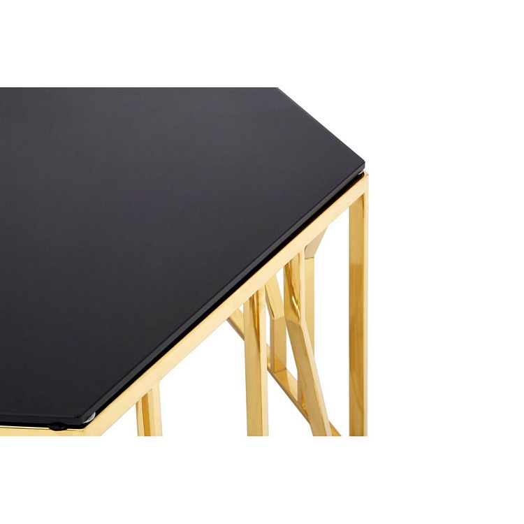 Alvaro Gold Finish Metal And Black Glass Hexagonal Coffee Table Fusion Furniture Glass Hexagonal Coffee Table, Rose Gold Hexagon Coffee Table Uk