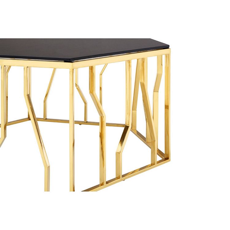 Alvaro Gold Finish Metal And Black Glass Hexagonal Coffee Table Fusion Furniture Glass Hexagonal Coffee Table, Rose Gold Hexagon Coffee Table Uk