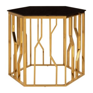 Alvaro Gold Finish Metal and Black Glass Hexagonal Side Table