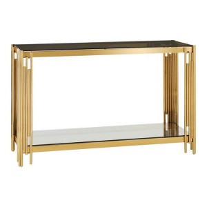Alvaro Gold Finish Metal and Black Glass Linear Design Console Table
