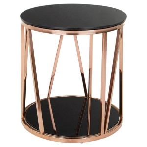 Alvaro Rose Gold Finish Metal and Black Glass Side Table
