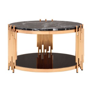 Alvaro Rose Gold Metal and Black Mable Top Glass Shelf Coffee Table