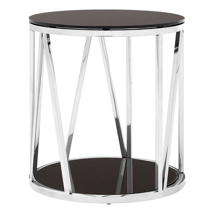 Alvaro Round Chrome Finish Metal And, Round Black Glass Bedside Table