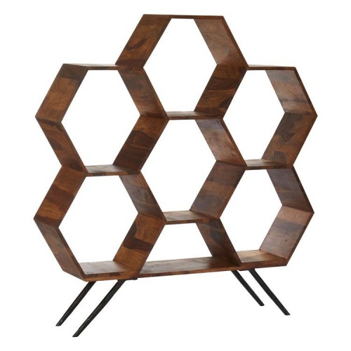 Boho Chic Sheesham Wood and Metal Furniture Hexagonal Bookshelf