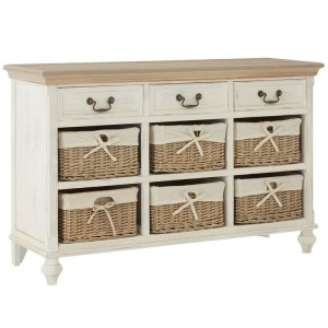 Hendra Weathered White Furniture Cabinet With 6 Willow Baskets