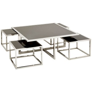 Horizon Black Tempered Glass Silver Metal Coffee Table And Stools Set