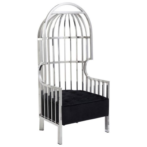 Horizon Silver Metal and Black Velvet Cage Design Occasional Chair