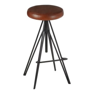 Nandri Acacia Wood and Metal Furniture Round Leather Adjustable Stool