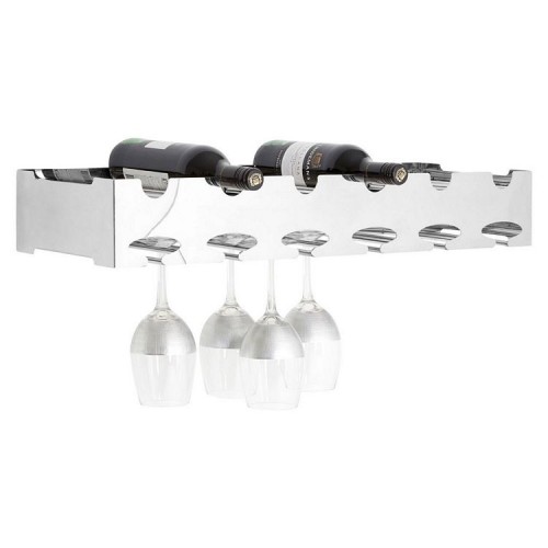 Novo Silver Metal Wall Mounted 6 Bottle Wide Wine Rack with Glass Holder