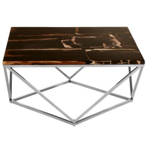 Relic Dark Petrified Wood and Stainless Steel Asymmetric Coffee Table