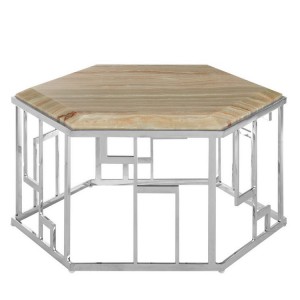 Relic Hexagonal Onyx Stone and Stainless Steel Coffee Table
