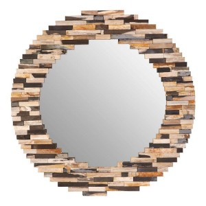 Relic Light Tile Petrified Wood and Mirrored Glass Round Wall Mirror