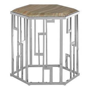 Relic Onyx Stone and Stainless Steel Hexagonal Side Table