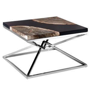 Relic Petrified Wood and Stainless Steel Geometric Coffee Table