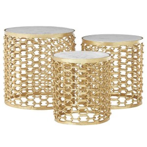 Templar Gold Finish Metal and Polished Marble Round Side Tables