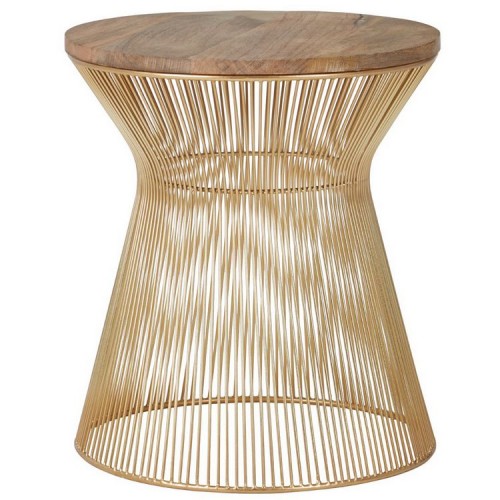 Templar Hourglass design Gold Finish Iron and Natural Wood Side Table