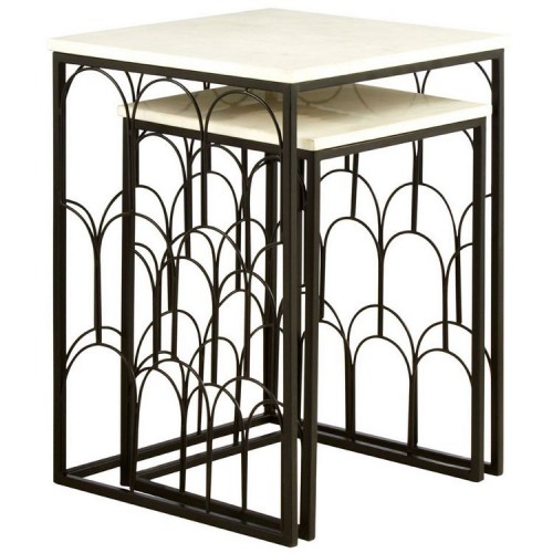 Templar Set of 2 White Marble Tops and Black Iron Side Tables