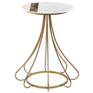 Vizzini White Marble Brass Finish Flowing Iron Legs Agate Side Table