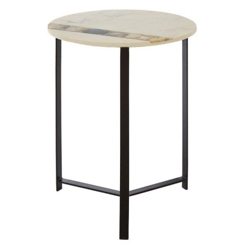 Vizzini White Marble and Black Finish Metal Round Agate Side Table