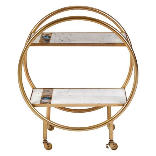 Vizzini White Marble and Brass Finish Metal 2 Tier Bar Serving Trolley