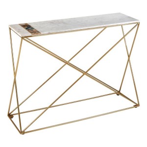 Vizzini White Marble and Brass Finish Metal Agate Stone Console Table