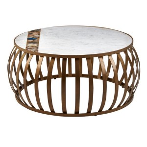 Vizzini White Marble and Brass Finish Metal Round Coffee Table
