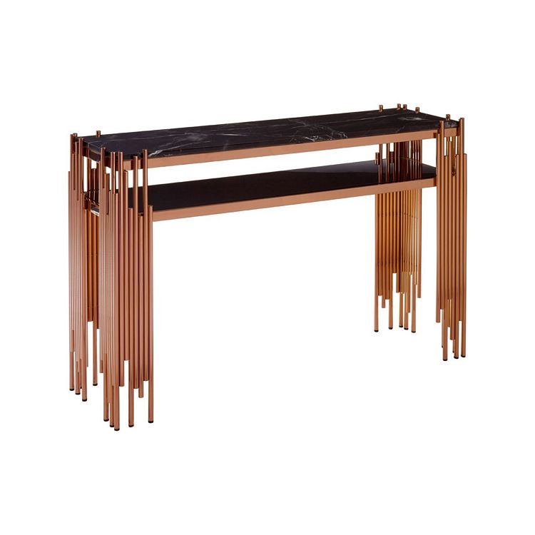 Alvaro Rose Gold Metal And Black Marble Top Glass Shelf Console Table Fusion Furniture Alvaro Rose Gold Metal And Black Marble, Black Metal And Glass Console Table Uk